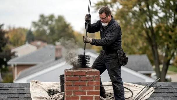 Chimney sweep on a roof in Arden Hills