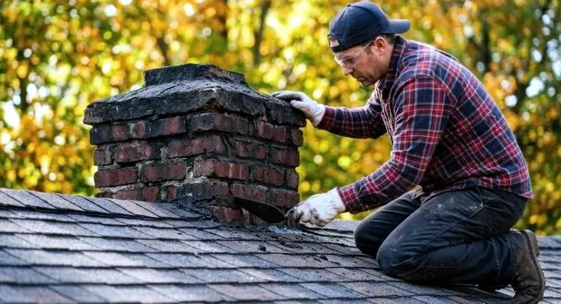 Mason repairing the top of a brick chimney on a Roseville, Minnesota rambler